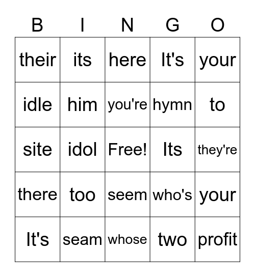 Homophones Bingo Card