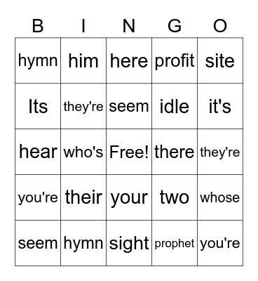 Homophones Bingo Card