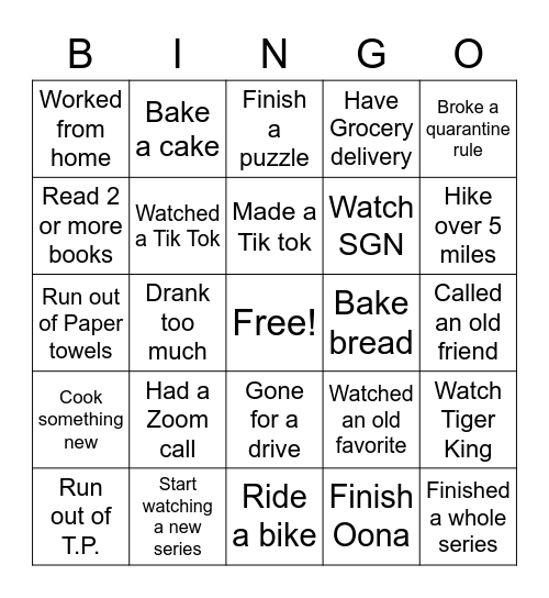 Quarantine Bingo Card