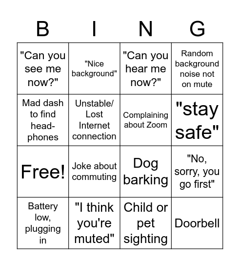 Zoom Meeting Bingo Card