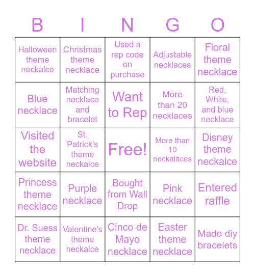 Bubblegum Necklace Bingo Card