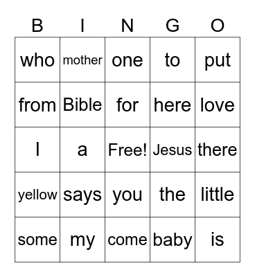 BJU Sight Words Bingo Card