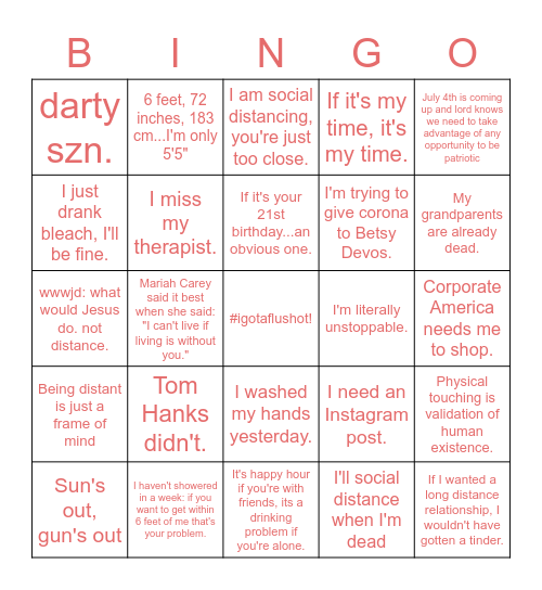 REASONS TO (NOT) SOCIAL DISTANCE Bingo Card