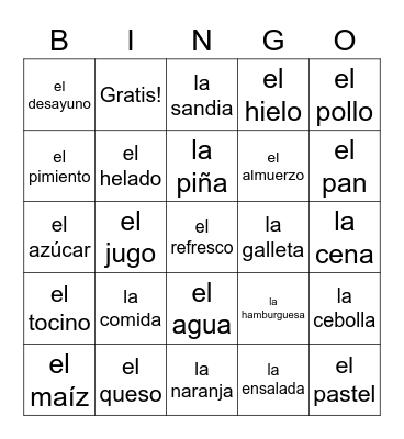 Spanish Food List Bingo Card