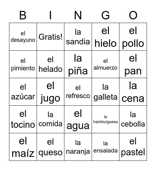 Spanish Food List Bingo Card