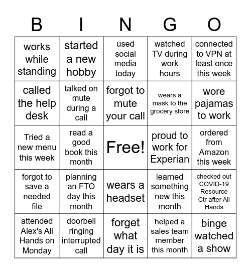 Zoom Bingo Card