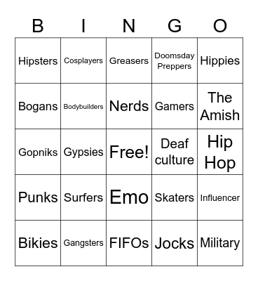 Subcultures Bingo Card