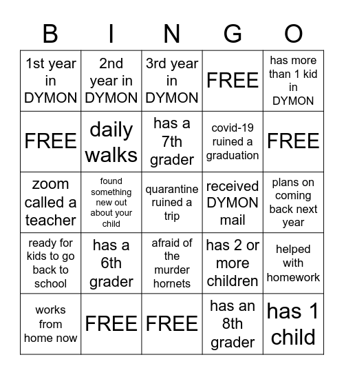 DYMON Parent Bingo! Bingo Card