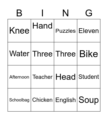 English Bingo Card