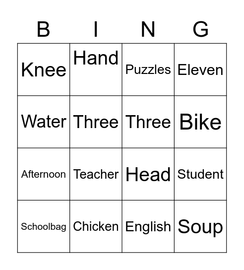 English Bingo Card