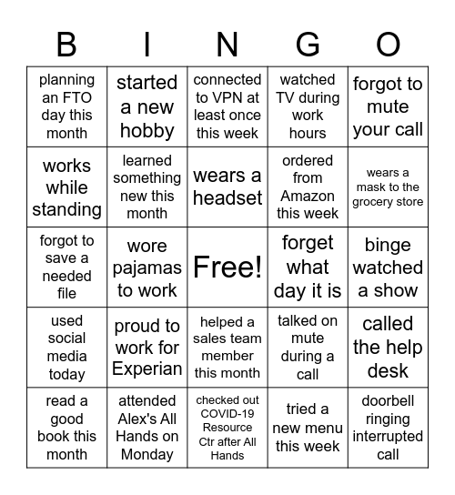 Zoom Bingo Card