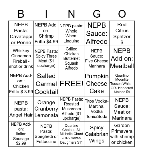 Fall Seasonal & NEPB Bingo Card