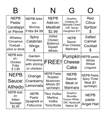 Fall Seasonal & NEPB Bingo Card
