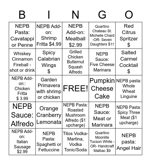 Fall Seasonal & NEPB Bingo Card