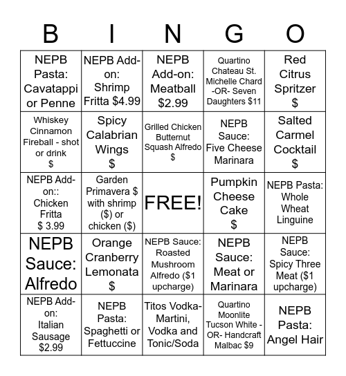 Fall Seasonal & NEPB Bingo Card