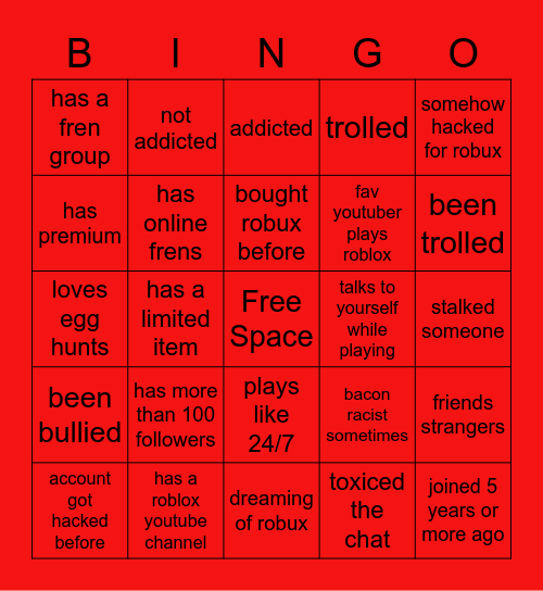 Roblox Bingo Card - how to know your roblox account got.hacked