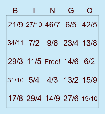 Converting Mixed Numbers to Improper Fractions Bingo Card
