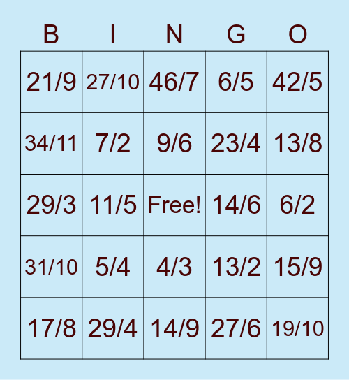 Converting Mixed Numbers to Improper Fractions Bingo Card