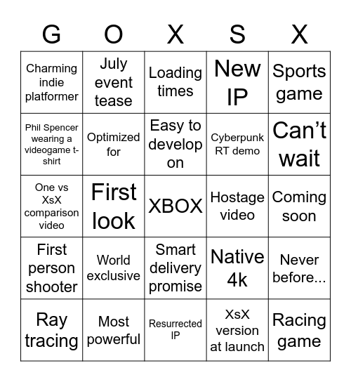 Inside Xbox Direct Bingo Card