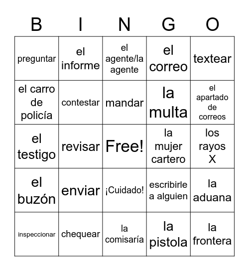 Spanish II Public & Private Services Bingo Card