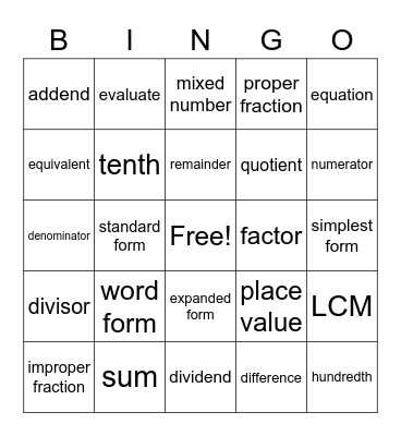 Math Vocabulary Bingo Card