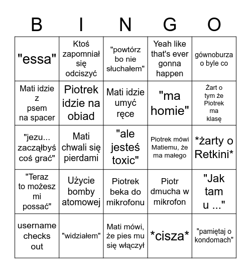 Piterunio & Bombu Bingo Card