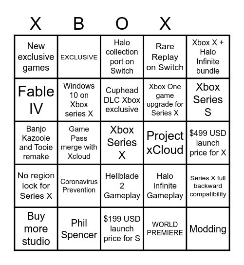 Xbox 20/20 Bingo Card