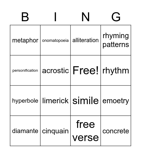 Poetry Bingo Card