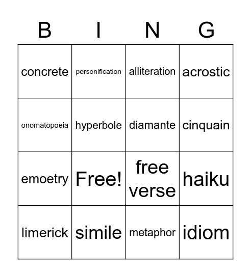 Poetry Bingo Card