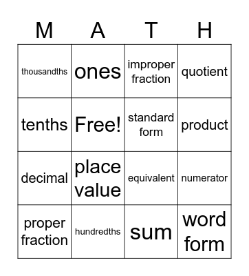 4x4 math vocabulary Bingo Card