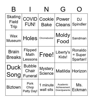 5th Grade Memories Bingo Card