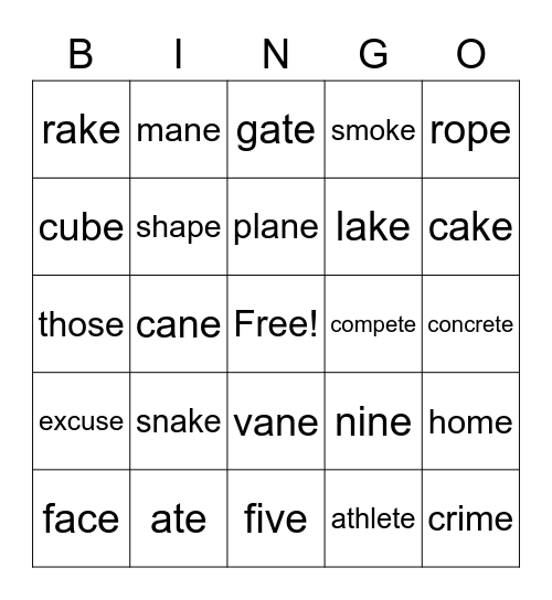 vowel-consonant-e Bingo Card