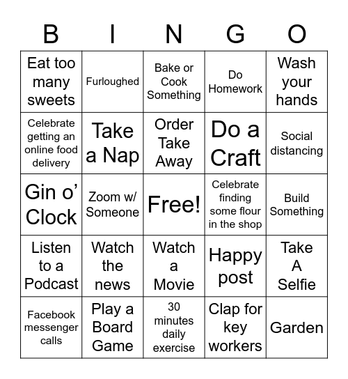 Sienna’s Lockdown Bingo Card