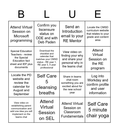 Blue Institute Bingo Card