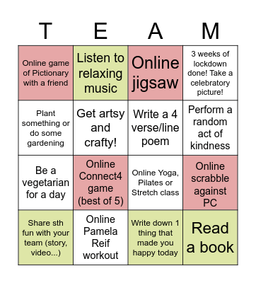 Lockdown Activity Challenge BINGO Card