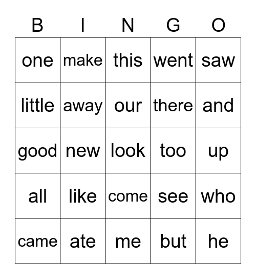 Sight Word Bingo Card