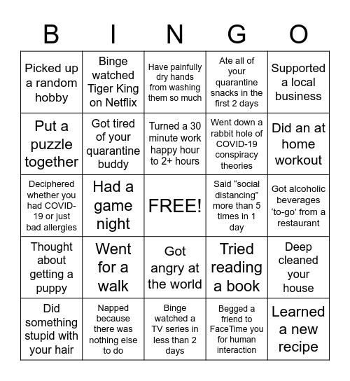 Quarantine Edition Bingo Card