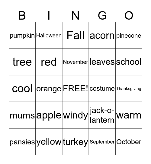 Fall Bingo Card