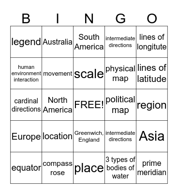 Mapping Skills/5 Themes of Georgaphy Bingo Card