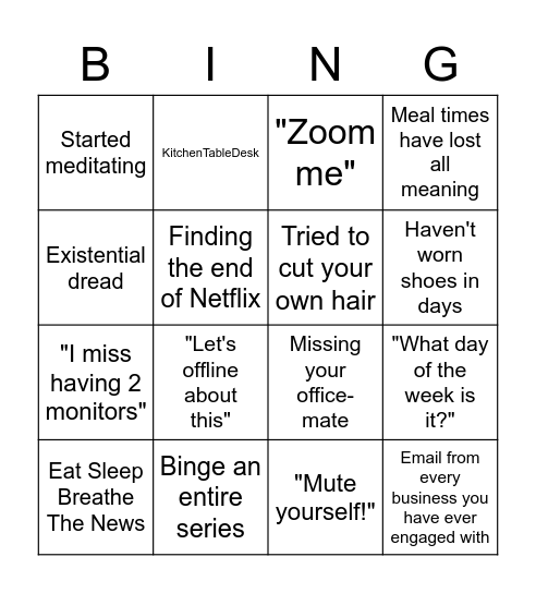 WFH/Quarantine 2 Bingo Card