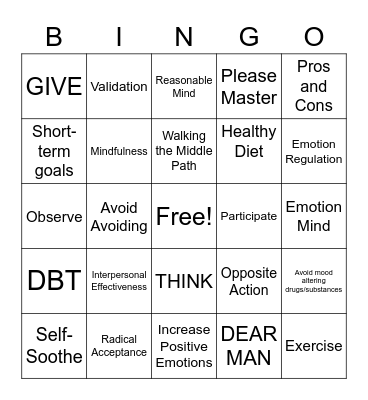 DBT Skills Bingo! Bingo Card