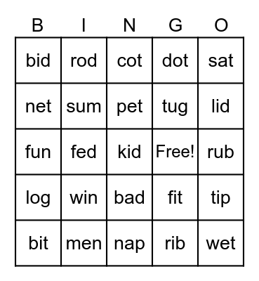 Decodable Words Bingo Card