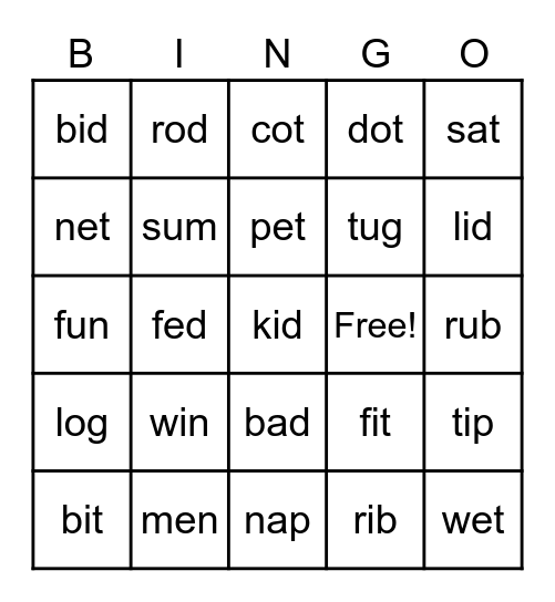 Decodable Words Bingo Card