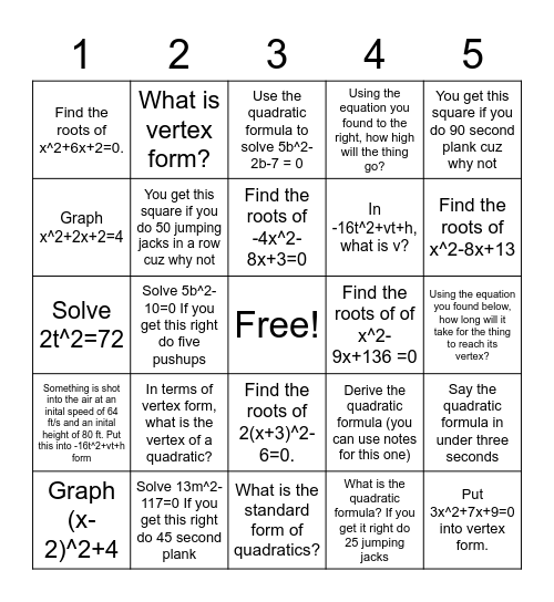 Quadratics Bingo Card