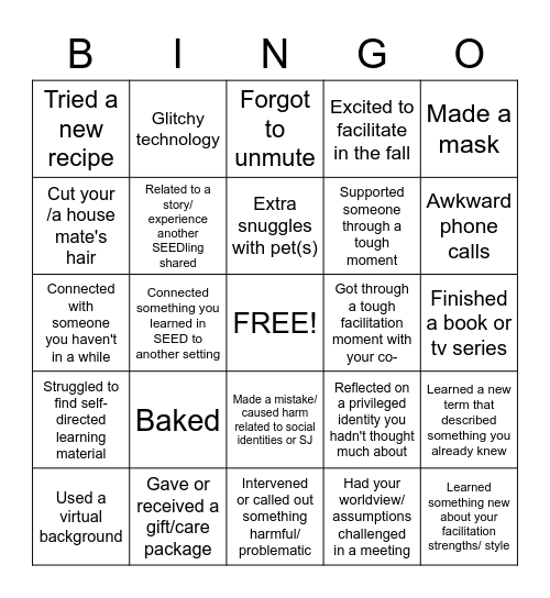 SEED in the time of Social Distancing Bingo Card