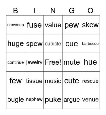 /long u/ words Bingo Card
