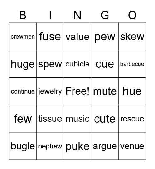 /long u/ words Bingo Card