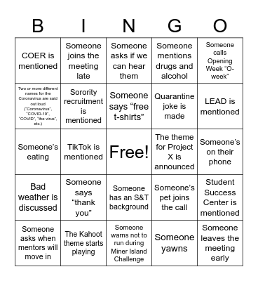 O-Week Mentor Bingo Card
