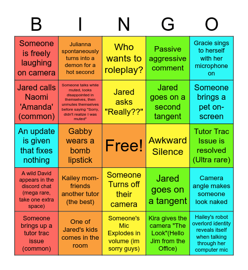 Writing Center Meeting BINGO Card