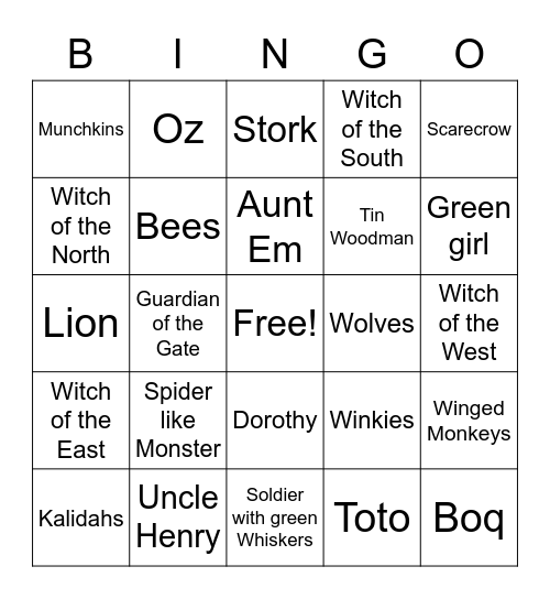 Wizard of Oz Characters Bingo Card